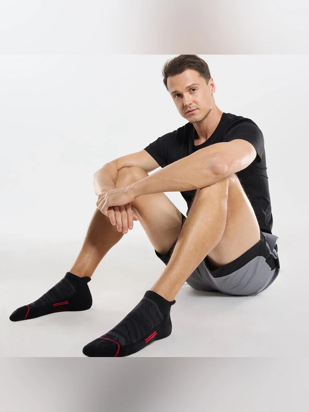 FITRELL 6 Pack Men's Ankle Running Socks Low Cut Cushioned 12-15, Black+grey+Red